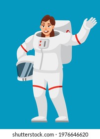 Female astronaut waving hand. Woman in cartoon style.