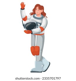 Female astronaut waving vector illustration. Cartoon isolated cheerful woman cosmonaut with long hair holding helmet and hand up to wave for friends, girl astronaut in spacesuit standing and greeting