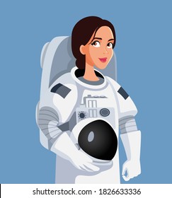 Female Astronaut Wearing Space Suit Holding His Helmet. Woman wearing a spacesuit ready for outer space traveling experience
