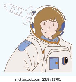 Female astronaut wearing spacesuit and helmet. Spacecraft behind. Hand drawn flat cartoon character vector illustration.