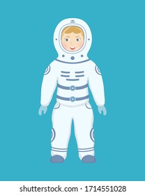 Female astronaut in a white space suit, cartoon style, character. Vector illustration of a cosmonaut