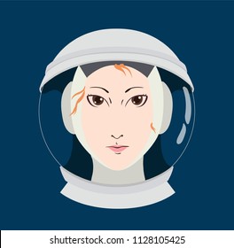 Female astronaut woman portrait in spacesuit helmet isolated on blue flat vector illustration