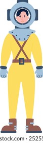 Female astronaut. Woman in spacesuit. Cosmonaut color character