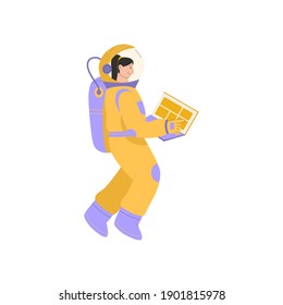 Female astronaut working on laptop and flying in zero gravity. Woman cosmonaut in spacesuit isolated person. Space adventure, cosmos exploration, scientist job. Vector character illustration