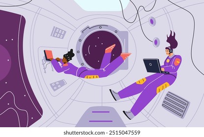 Female astronauts in spacesuits work on laptops in zero gravity. Vector illustration with characters communicating with headphones and exploring the universe.