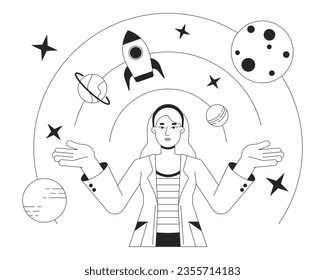 Female astrophysicist bw concept vector spot illustration. Space exploration. Rocket science 2D cartoon flat line monochromatic character for web UI design. Editable isolated outline hero image