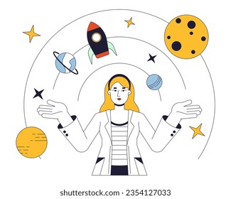 Female astrophysicist flat line concept vector spot illustration. Space exploration. Rocket science 2D cartoon outline character on white for web UI design. Editable isolated color hero image