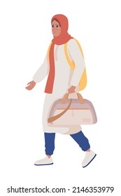 Female asylum-seeker with baggage and backpack semi flat color vector character. Crying figure. Full body person on white. Simple cartoon style illustration for web graphic design and animation