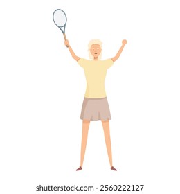 Female athlete celebrating victory in a tennis match, holding her racket high in the air