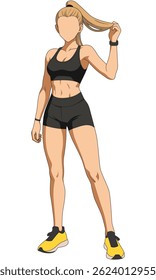 Female athlete character standing in black sports outfit, holding her ponytail with a bold expression. Illustrations of healthy lifestyle. Women doing running activity. Flat vector girl illustrations.