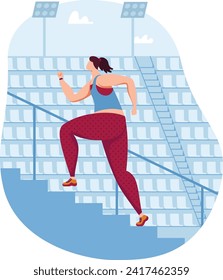 Female athlete climbing stadium stairs during workout. Determined woman in sports gear running up steps. Workout routine and athletic training vector illustration.