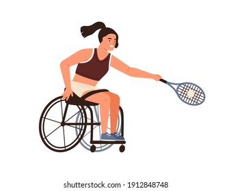 Female Athlete With Disability Playing Tennis Sitting In Wheelchair Vector Flat Illustration. Disabled Sportswoman Hold Racket Hitting Ball Isolated. Woman With Paralyzed Limbs Doing Sports.