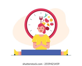 Female athlete is doing attraction, food time with healthy menu to maintain body ideal. Character design. Vector flat illustration