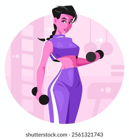 Female athlete exercising with dumbbells. Fitness instructor. Cartoon vector