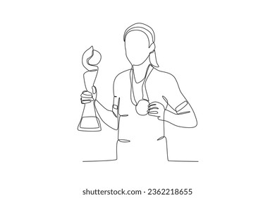 A female athlete holding a trophy and medal. Spain's women's football team victory