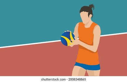 A female athlete holds a bright yellow-blue ball. Abstract background