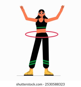 Mujer atleta hula hooping en Ilustración vectorial plana que simboliza la aptitud, el ejercicio y la diversión, aislado en el fondo blanco