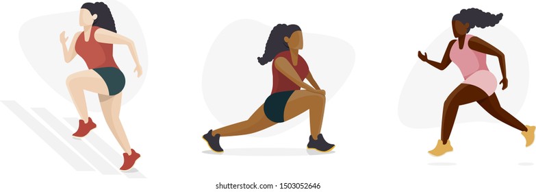 Female Athlete Icon Set, Running, Jogging and Stretching - Multi Racial Diversity Concept