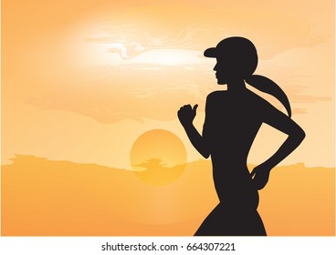 Female athlete jogging early in the morning, rising yellow sun - art, creative, modern vector illustration. Sports banner