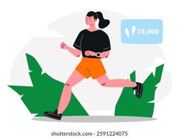 Female athlete jogging outdoors, tracking steps with smartwatch. Woman cardio workout, endurance training and active healthy lifestyle concept. Green leaves on background. Flat vector illustration.