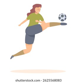 Female athlete is jumping and kicking a soccer ball during a sports competition
