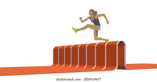 Female athlete jumping over an abstract hurdle of running track.