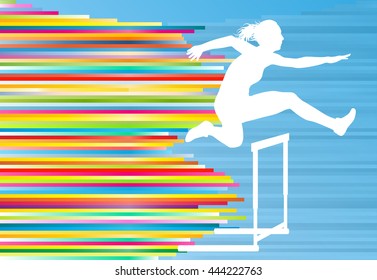 Female Athlete Jumping Over Hurdles, Overcoming Obstacles Vector Background Illustration