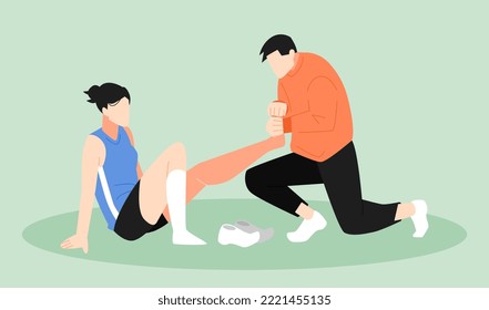 female athlete with leg injury. treated by medical personnel. sports concept, warm up, injury, incident, etc. flat vector illustration