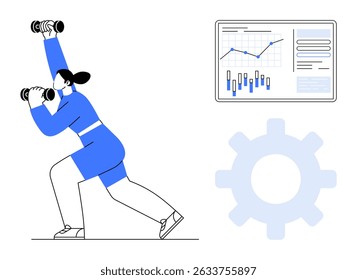 Female athlete lifting dumbbells, a data chart with graphs and metrics, and a gear icon. Ideal for fitness tracking, health monitoring, data analytics, exercise improvement, performance benchmarking