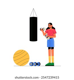 Atleta Mujer Levantando Mancuernas En El Gimnasio Con Bolsa De Boxeo En Ilustración vectorial Plana Que Simboliza La Fuerza, La Aptitud Y El Ejercicio, Aislado Sobre Fondo Blanco