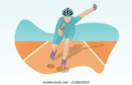 A female athlete on roller skates, in a turquoise tracksuit with a helmet on her head, runs along the track.