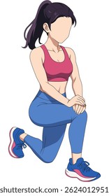 Female athlete performing a lunge stretch, ready for a workout or training session. Illustrations of healthy lifestyle. Flat vector illustrations girl with sneaker and pink outfit. Woman doing workout
