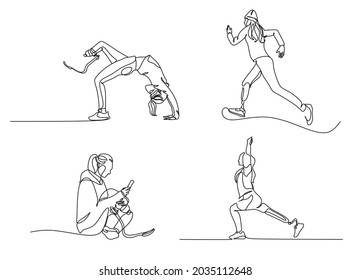 Female athlete with a prosthesis on her leg line art vector. Sport line drawing