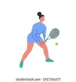 Female athlete with racquet cartoon character isolated on white background. Flat vector illustration