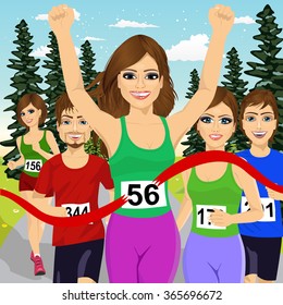 female athlete runner winning marathon crossing finish line