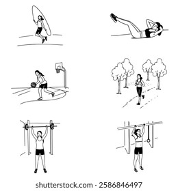 The female athlete runs in the park, jumps rope, does pull-ups, plays basketball, lifts weights, and pumps abs. Set of vector cartoon illustrations with sports exercises in doodle style.