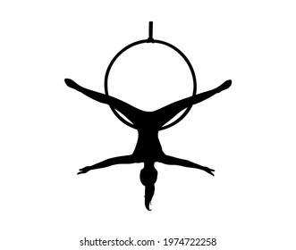 Female athlete silhouette training in the aerial hoop. Woman acrobat in circus. Vector illustration isolated in white background