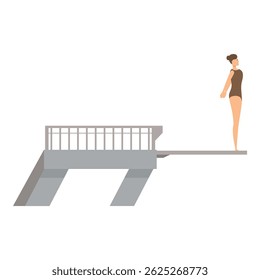 Female athlete is standing on the edge of a high diving board, preparing for a jump