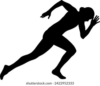 female athlete at start sprint race, showcasing power and determination, black silhouette on white background
