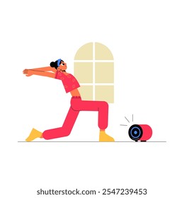 Atleta Femenina Que Se Estira Con El Altavoz Inteligente En La Ilustración vectorial Plana Que Simboliza La Aptitud, La Salud, Y La Tecnología, Aislado En El Fondo Blanco.