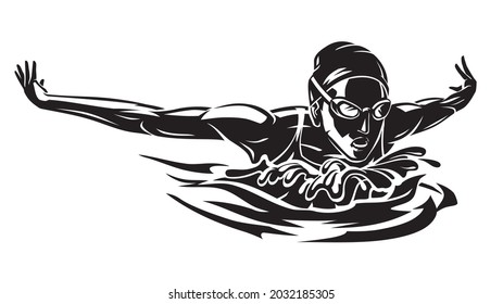 Female Athlete Swimmer, Butterfly Stroke Shadowed Illustration