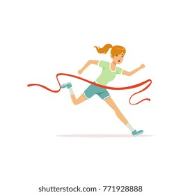 Female athlete taking part in running marathon. Woman character cross finish line. Girl runner in shorts and t-shirt. Isolated flat vector