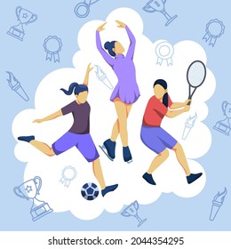 Female athlete with tennis, Gymnastics, and soccer in cartoon character on champion's trophy background, flat vector illustration