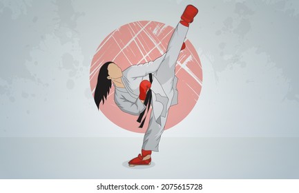 Una atleta entrena en las artes orientales del karate. Una mujer con kimono y elementos de ropa de protección. Antecedentes abstractos.