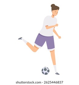 Female athlete in uniform running and kicking soccer ball during championship game