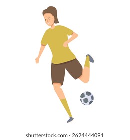 Female athlete in uniform is running and passing a soccer ball