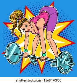 Female athlete weightlifting lifting barbell. Pop art retro vector illustration vintage kitsch 60s 50s