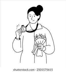 Female athlete winner holds flowers