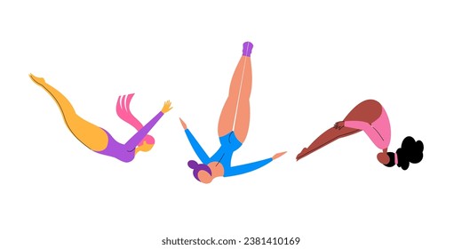 Female athletes jumping on a trampoline. Vector sport illustration.