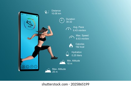 Las atletas corren, saltan de sus teléfonos móviles. Concepto Los mejores deportes de aplicación de banner publicitario de salud o fitness que se ejecutan en entrenamientos diarios de smartphone para ilustración vectorial 3d realista